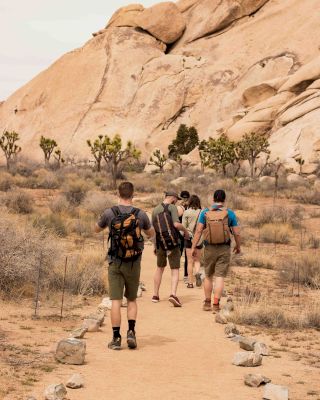 A group of hikers walking on a trail through a desert landscape with large rock formations and sparse vegetation, carrying backpacks.