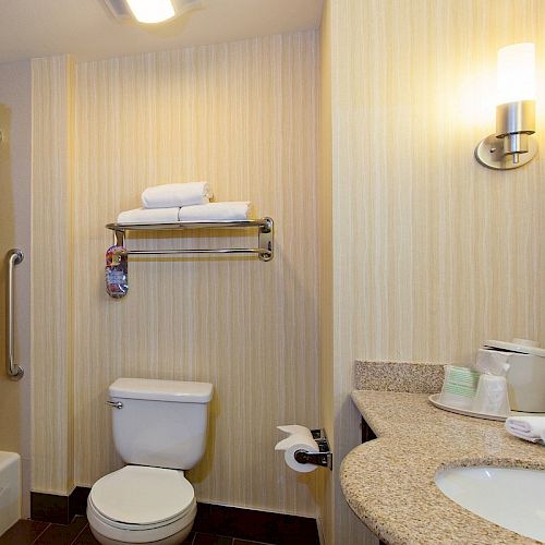 This image shows a bathroom with a toilet, a shower, a sink with a countertop, toiletries, a towel rack with folded towels, and a wall-mounted light.