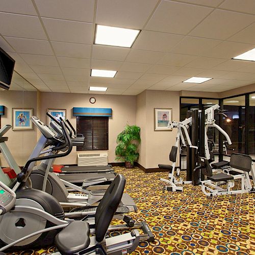 A gym with exercise machines including treadmills, ellipticals, and weight machines, along with wall-mounted TVs and indoor plants.